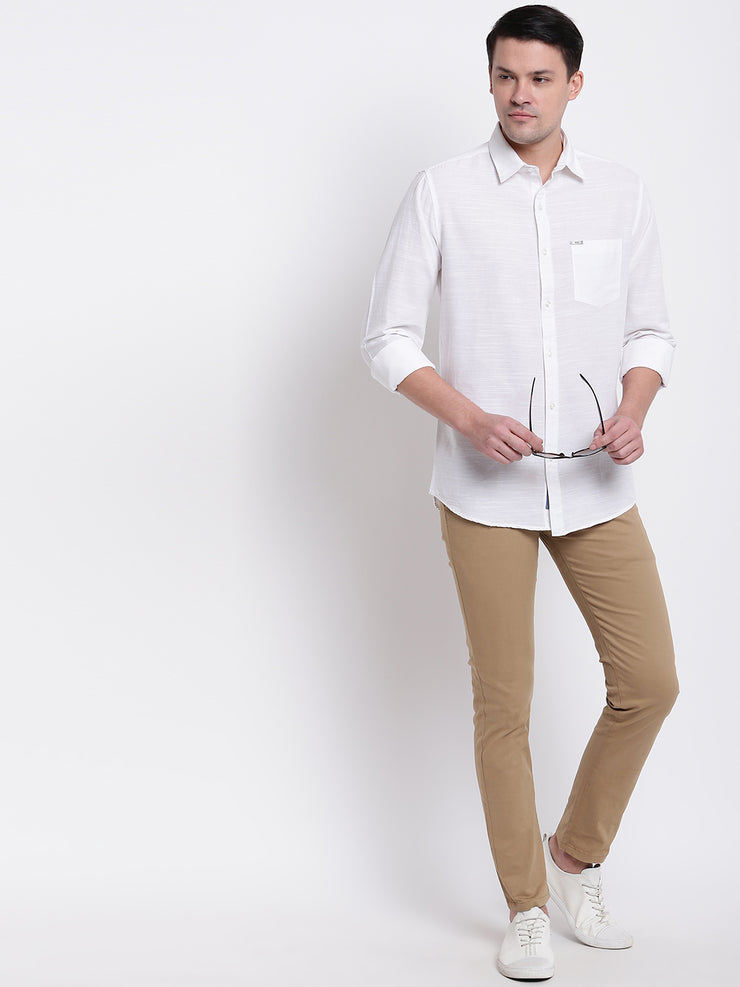White Solid Spread Collar Cotton Linen Shirt