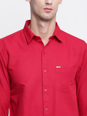 Red Solid Spread Collar Cotton Linen Shirt
