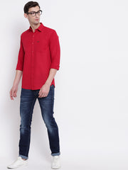 Red Solid Spread Collar Cotton Linen Shirt