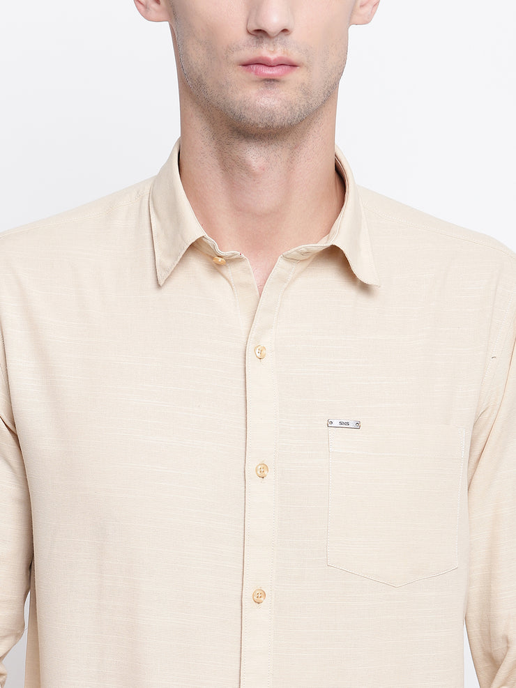 Beige Solid Spread Collar Cotton Linen Shirt