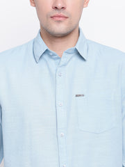 Blue Solid Spread Collar Cotton Linen Shirt