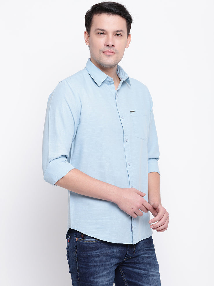 Blue Solid Spread Collar Cotton Linen Shirt