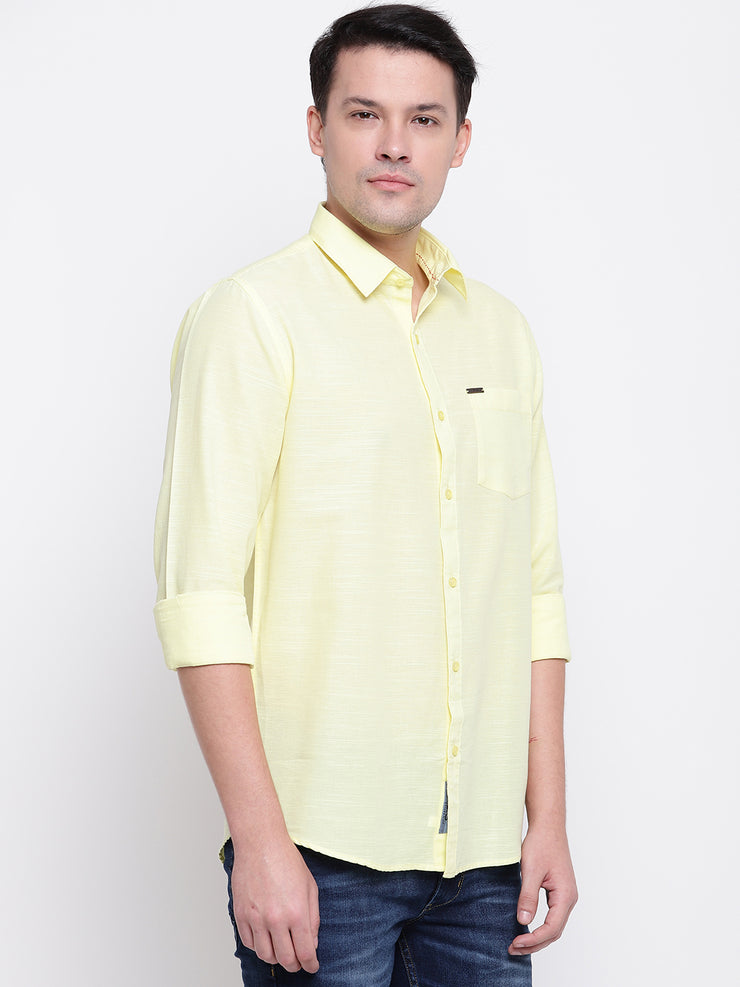 Yellow Solid Spread Collar Cotton Linen Shirt
