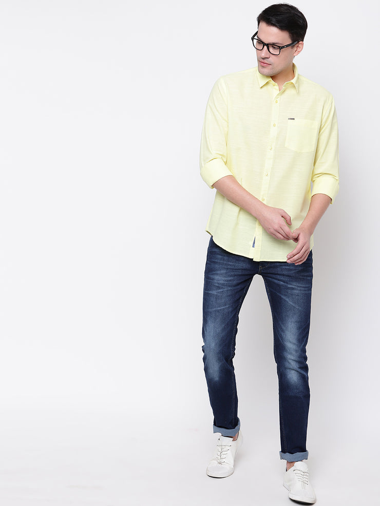 Yellow Solid Spread Collar Cotton Linen Shirt