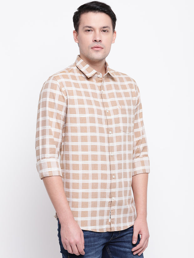Checkered Brown Button-down Front Casual Cotton Shirt