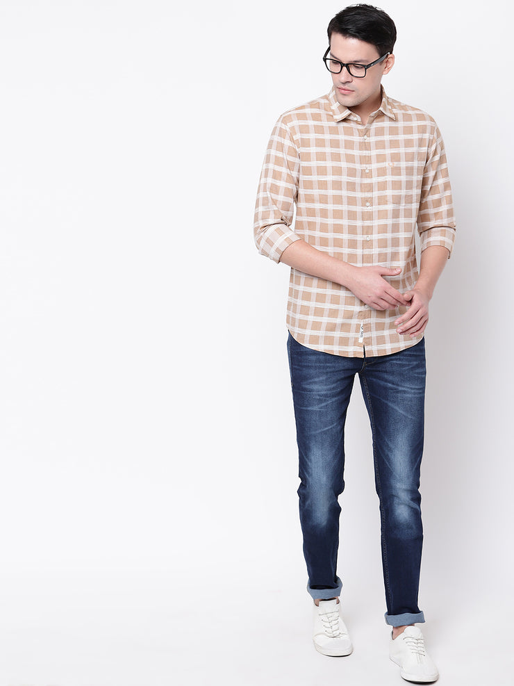 Checkered Brown Button-down Front Casual Cotton Shirt