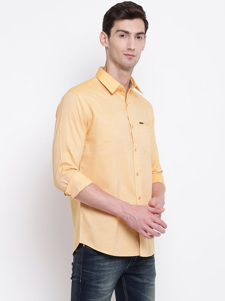 Cotton Spread Collar Yellow Casual Shirt