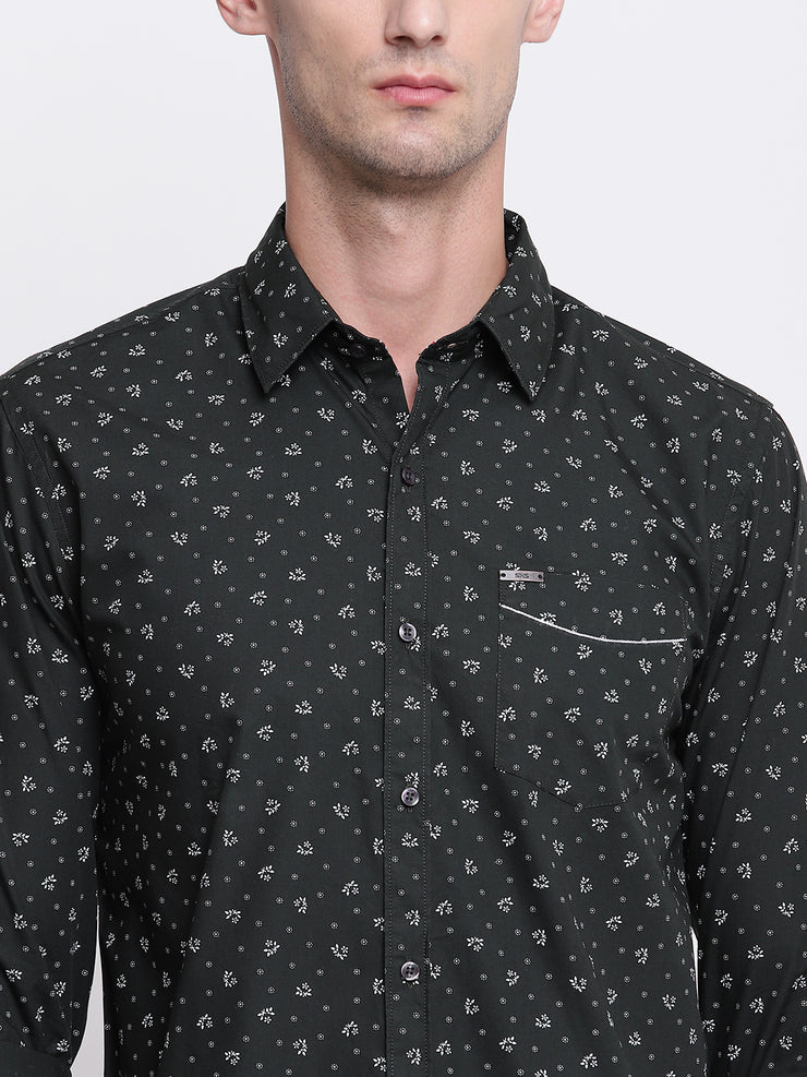 Green Floral Cotton Casual Shirt