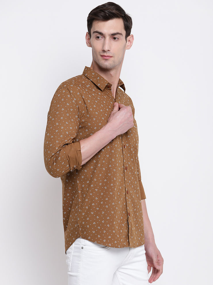 Brown Floral Cotton Casual Shirt