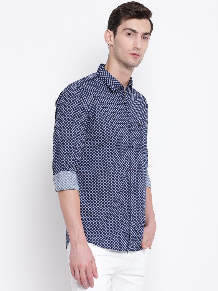 Blue Geometric Print Casual Cotton Shirt