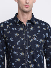 Blue Spread Collar Cotton Floral Shirt