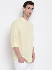 Yellow Casual Mandarin Collar Cotton Shirt