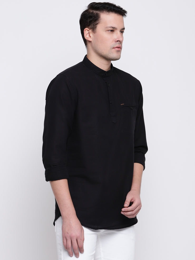 Black Casual Mandarin Collar Cotton Shirt