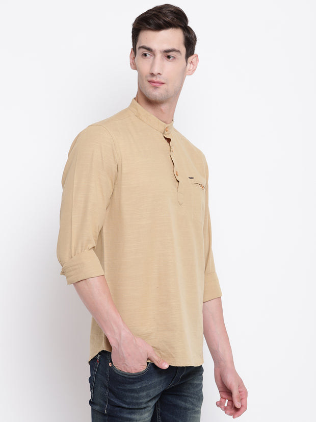 Beige Casual Mandarin Collar Cotton Shirt