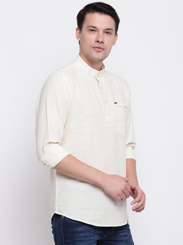 Cream Casual Mandarin Collar Cotton Shirt