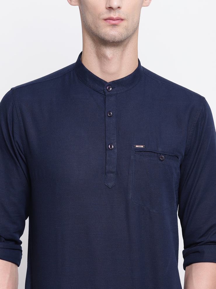 Blue Casual Mandarin Collar Cotton Shirt