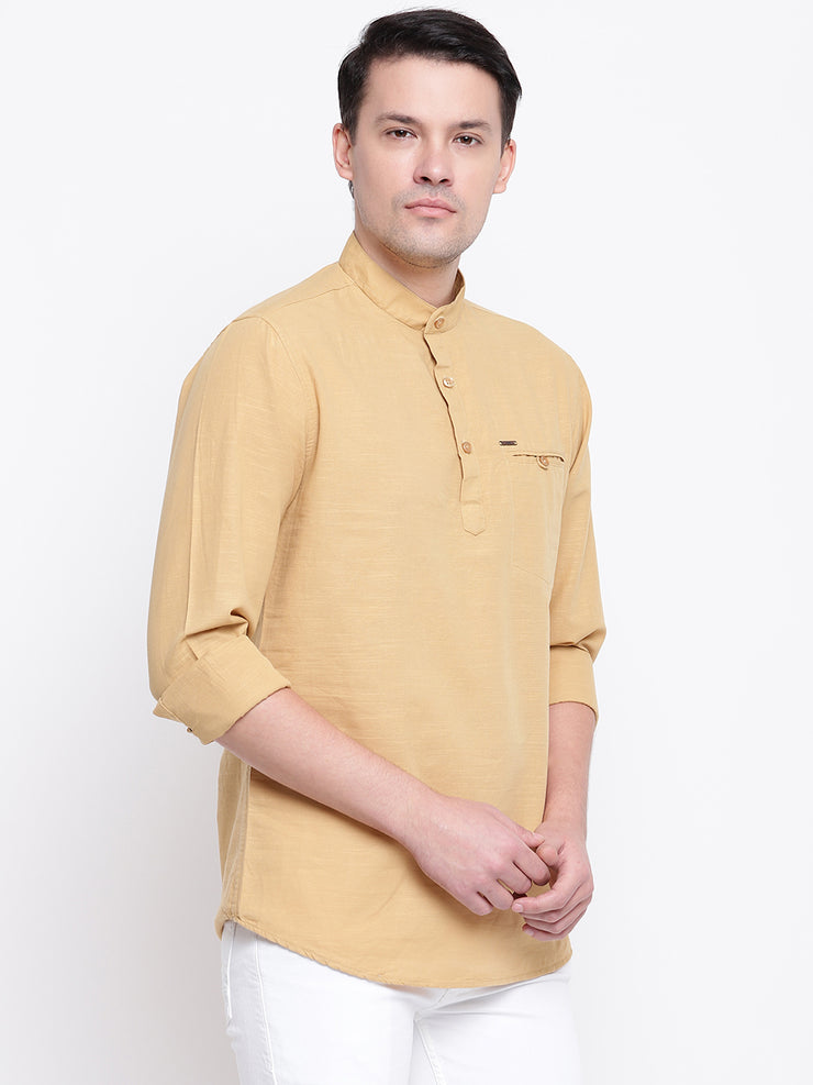 Beige Casual Mandarin Collar Cotton Shirt