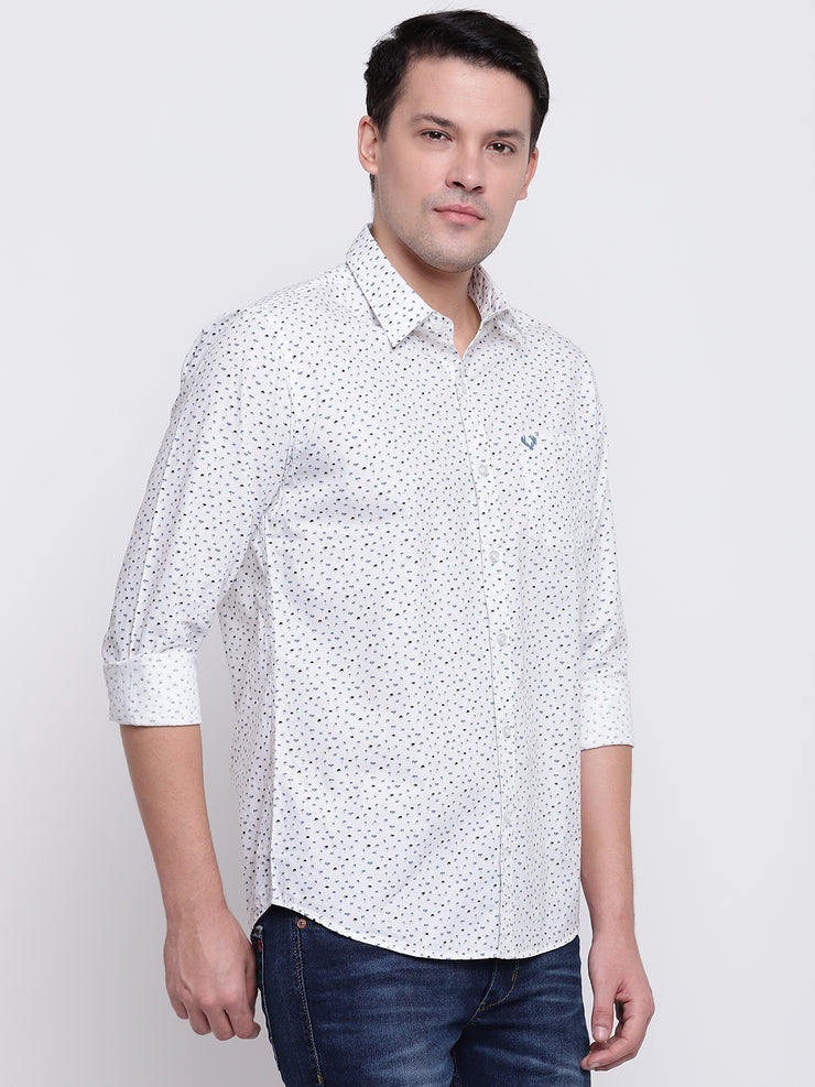 Printed White Button-down Front Casual Cotton Shirt