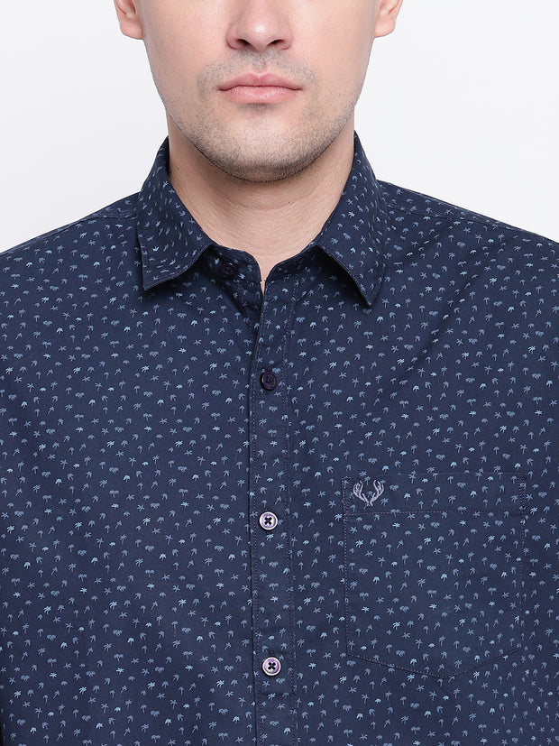 Printed Blue Button-down Front Casual Cotton Shirt