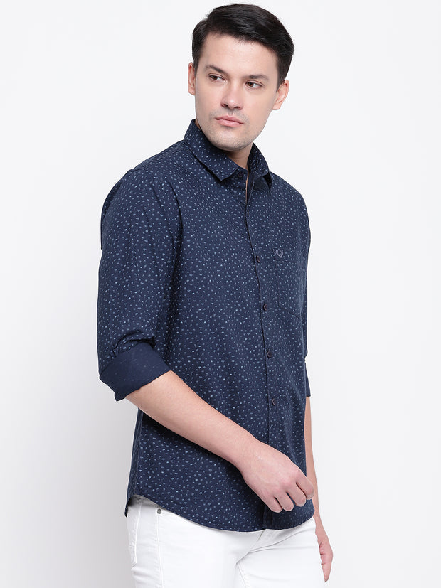 Printed Blue Button-down Front Casual Cotton Shirt