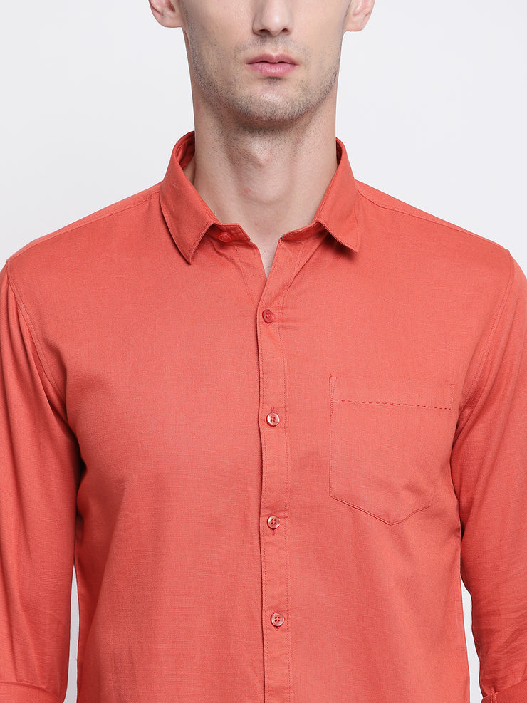 Orange Casual Solid Full Sleeves Cotton Shirt