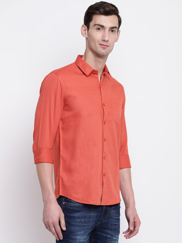 Orange Casual Solid Full Sleeves Cotton Shirt