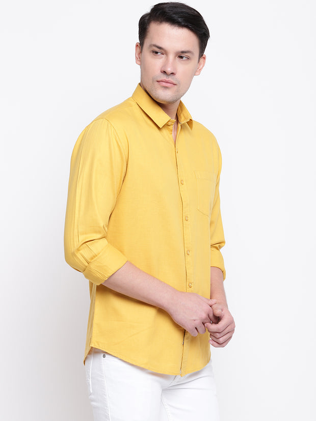 Yellow Casual Solid Full Sleeves Cotton Shirt