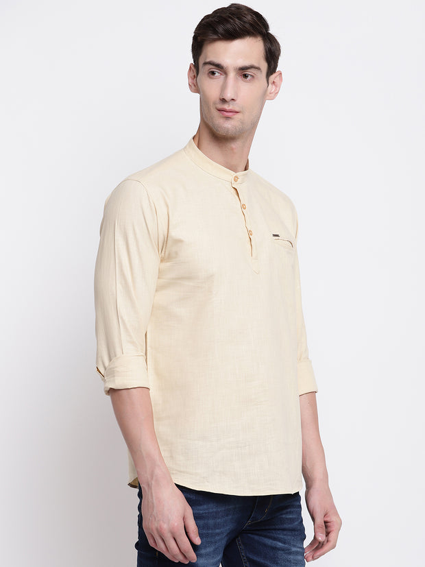 Beige Cotton Mandarin Collar Shirt