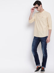Beige Cotton Mandarin Collar Shirt