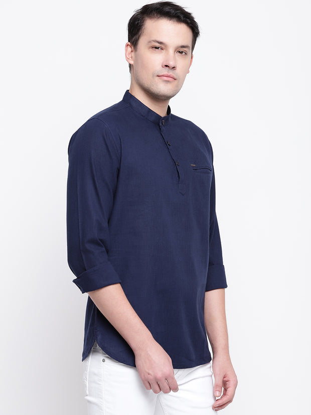 Blue Cotton Mandarin Collar Shirt