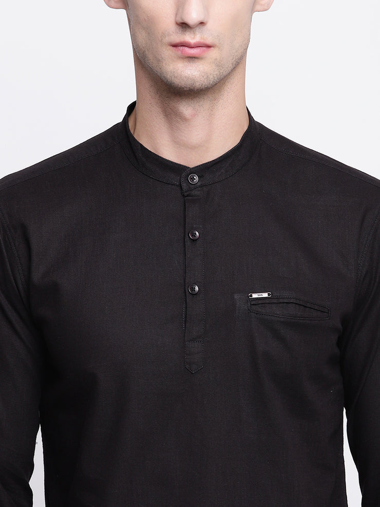 Black Cotton Mandarin Collar Shirt