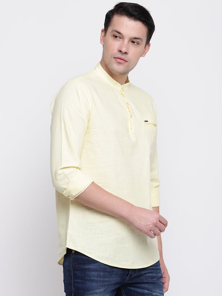 Yellow Cotton Mandarin Collar Shirt