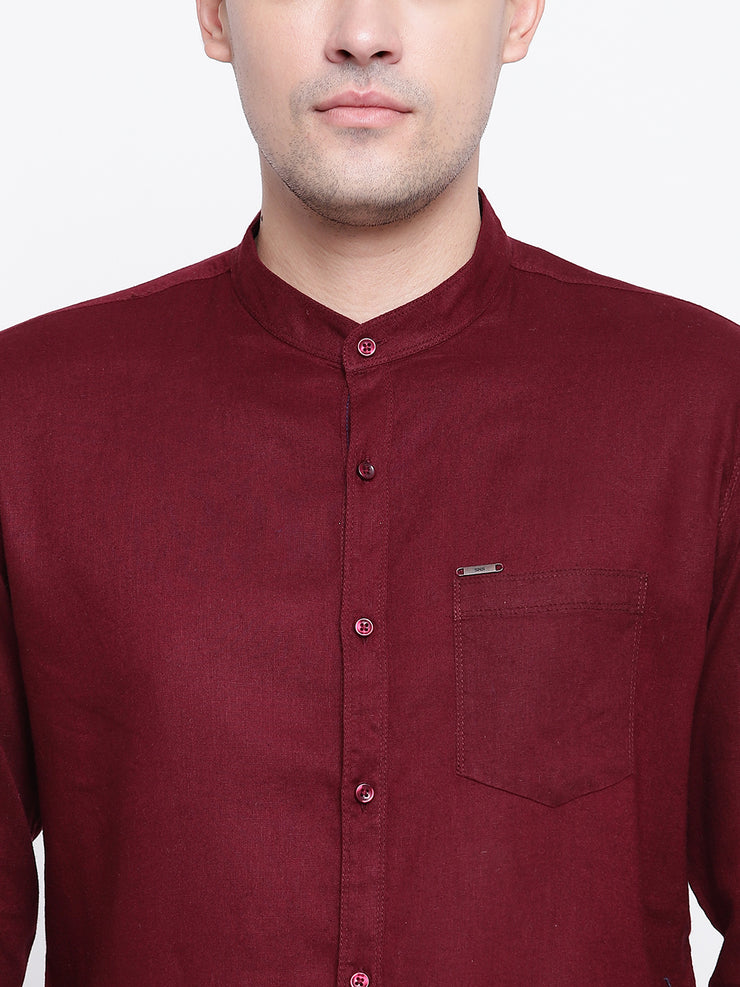 Maroon Mandarin Collar Casual Cotton Linen Shirt