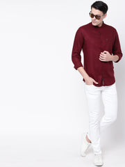 Maroon Mandarin Collar Casual Cotton Linen Shirt