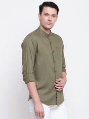 Green Mandarin Collar Casual Cotton Linen Shirt