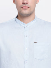 Blue Mandarin Collar Casual Cotton Linen Shirt