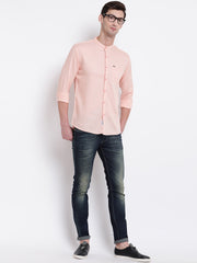 Pink Mandarin Collar Casual Cotton Linen Shirt