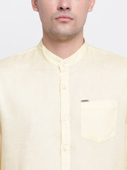Yellow Mandarin Collar Casual Cotton Linen Shirt