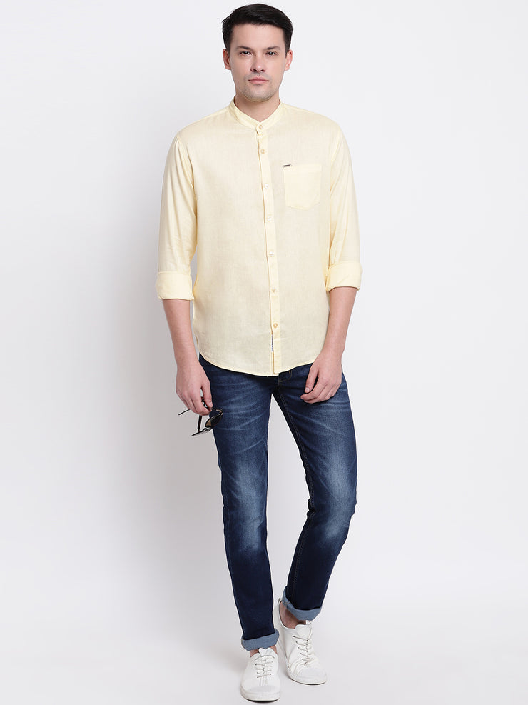 Yellow Mandarin Collar Casual Cotton Linen Shirt