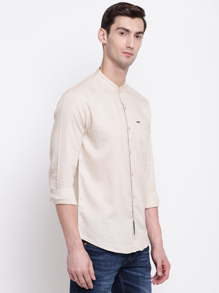 Beige Mandarin Collar Casual Cotton Linen Shirt