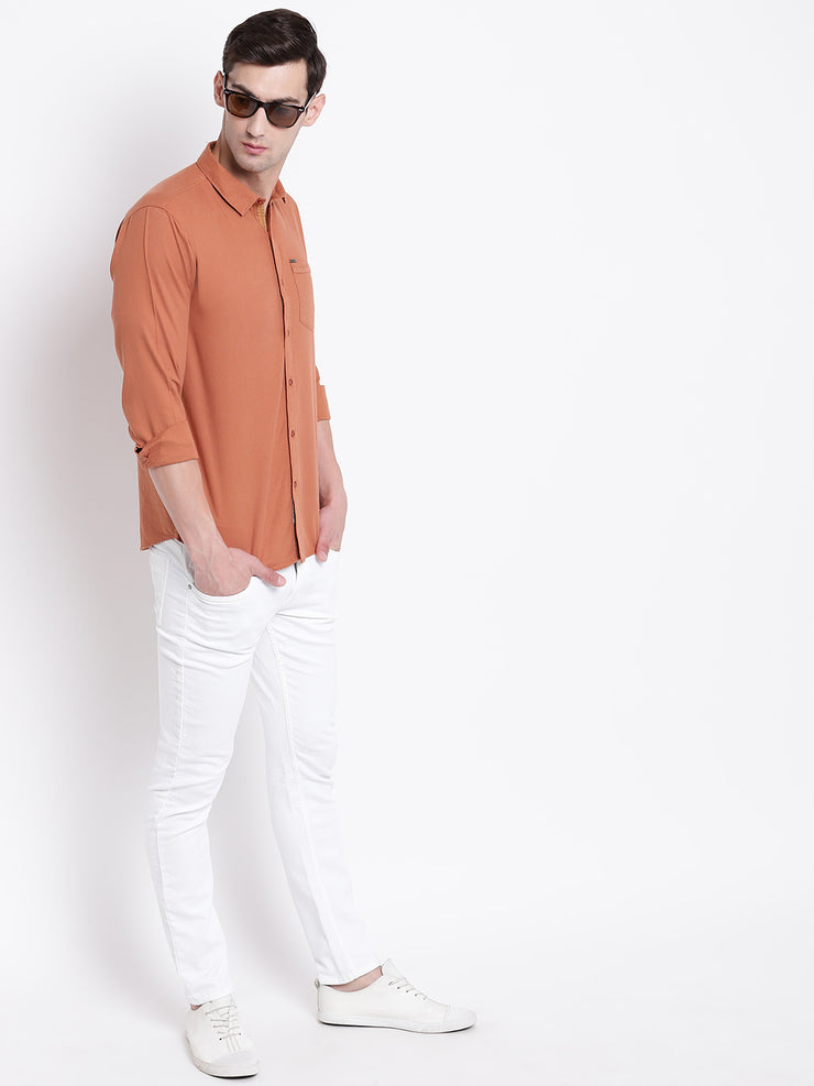 Orange Cotton Casual Spread Collar Shirt