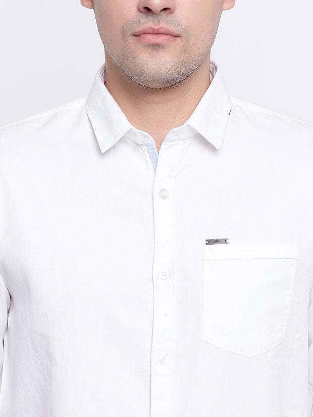 White Cotton Casual Spread Collar Shirt
