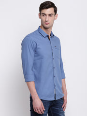 Blue Cotton Casual Spread Collar Shirt