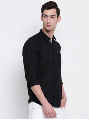 Black Cotton Casual Spread Collar Shirt