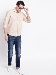 Cotton Beige Full Sleeves Spread Collar Casual Shirt