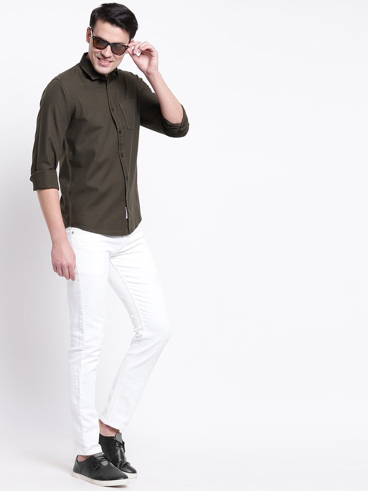 Cotton Geen Full Sleeves Spread Collar Casual Shirt