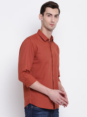 Cotton Orange Full Sleeves Spread Collar Casual Shirt