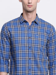 Blue Checkered Regular fit Spread Colllar Cotton Shirt