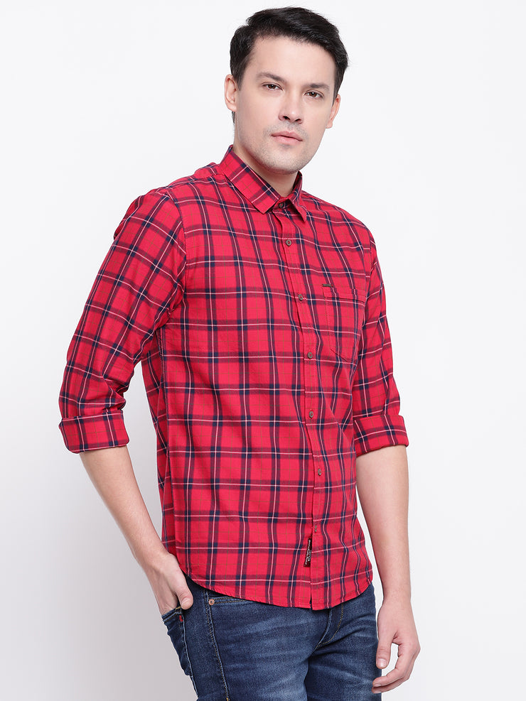 Red Regular fit Spread Colllar Checkered Cotton Shirt