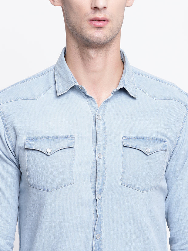Blue Denim Spread Collar Shirt